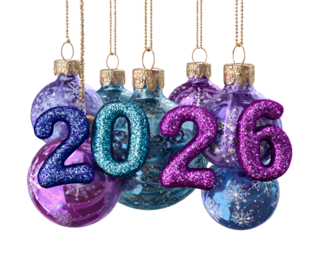 2026 written on purple and blue christmas ornaments, isolated on a transparen
