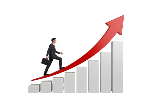 Businessman climbs upward trending growth chart with briefcase