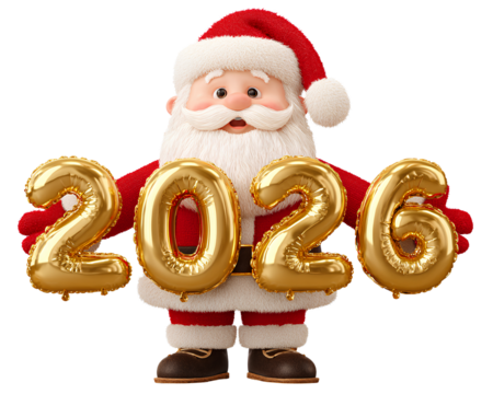 christmas-themed image of a happy santa claus holding golden foil balloons with the text 2026 isolated on a transparent background