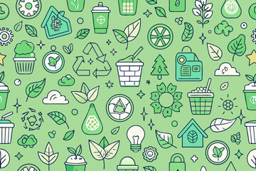 Vibrant green eco-friendly icons pattern featuring leaves, recycling, nature, and sustainable living symbols creates a fresh, modern aesthetic for environmental themes and projects.