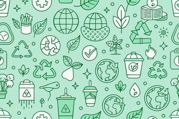 Vibrant eco-friendly icons pattern showcasing sustainability, recycling, and nature elements for a greener planet concept, perfect for environmental campaigns and eco-conscious branding.
