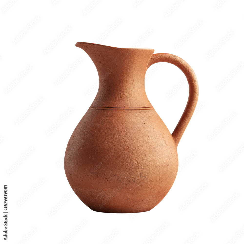 Poster earthenware pitcher with curved handle gracefully positioned against an open spacious area