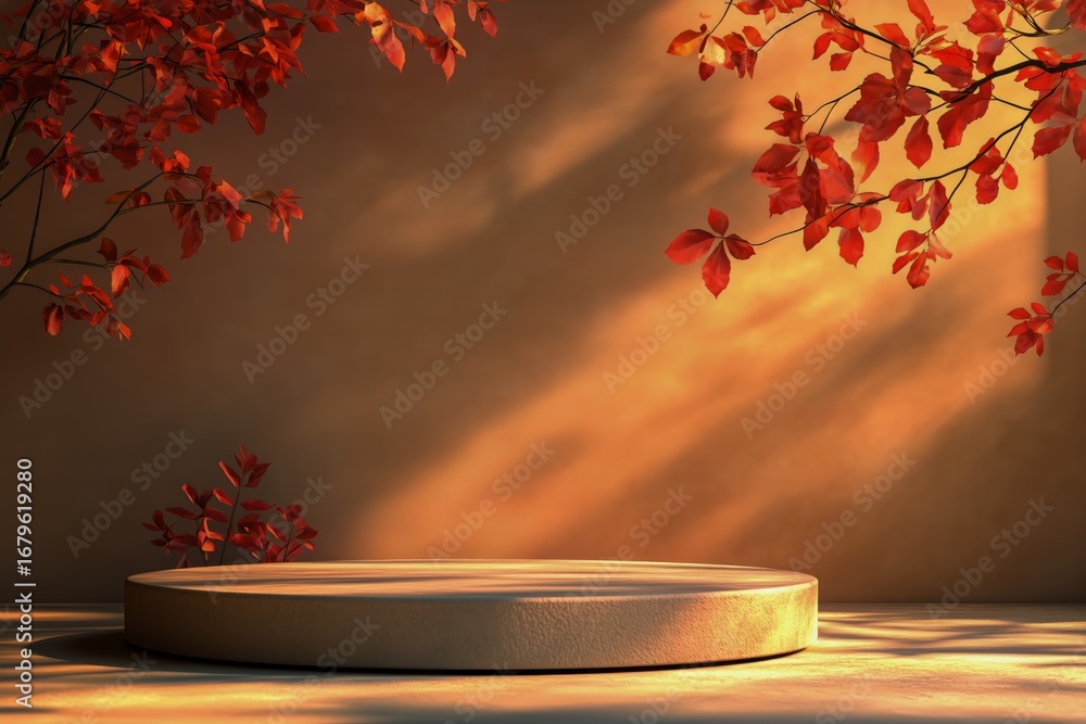 Poster Warm Autumn Setting With Circular Stage and Red Leaves Illuminated by Soft Light.