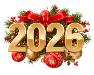 transparent background 2026, gold numbers, red ribbon and christmas ornaments,