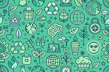 Embrace eco-friendly living with this seamless pattern showcasing sustainability icons like recycling, plants, and globes, perfect for projects promoting environmental awareness and green initiatives