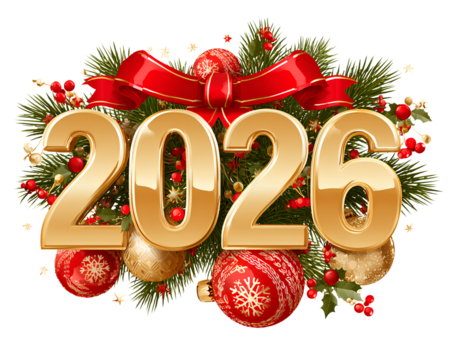 transparent background 2026, gold numbers, red ribbon and christmas ornaments,
