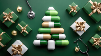 Medical Christmas concept featuring green, white pills arranged as festive tree, surrounded by stethoscopes, gift boxes on bright green backdrop symbolizing seasonal healthcare spirit