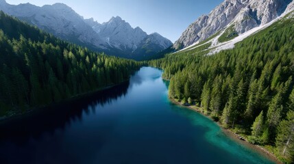 A drone flying over crystal-clear alpine lakes surrounded by snow-capped peaks and pine forests