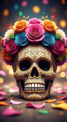 Colorful floral crown on a decorative sugar skull