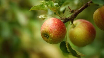 Ripe apples on apple tree branch in orchard. Selective focus.