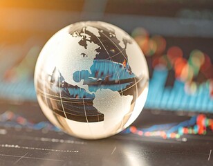 crystal globe reflecting economic trends and geographical insights on a chart