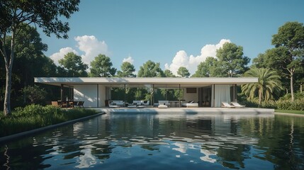 Ultra-realistic architectural photography of a modern minimalist house, villa, clean lines, large glass windows, surrounded by nature, cinematic lighting, perfect white balance