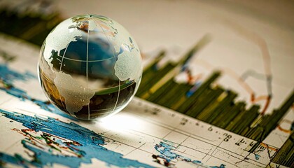 crystal globe reflecting economic trends and geographical insights on a chart