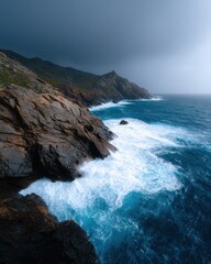 Fototapeta premium A drone capturing rugged coastal cliffs with crashing waves under a dramatic cloudy sky