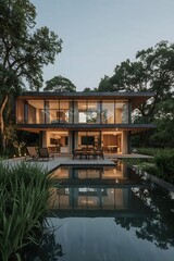 Ultra-realistic architectural photography of a modern minimalist house, villa, clean lines, large glass windows, surrounded by nature, cinematic lighting, perfect white balance