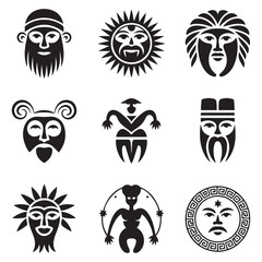 Set Tribal art Greek ethnic icons. Greece sketch cartoon hand drawn black. Logo art design. Vector black silhouette. with white background