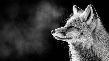 Naklejka premium Black and white portrait of a fox exhaling breath in the cold air with dark background.