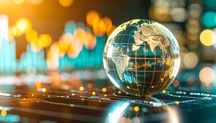 crystal globe reflecting economic trends and geographical insights on a chart