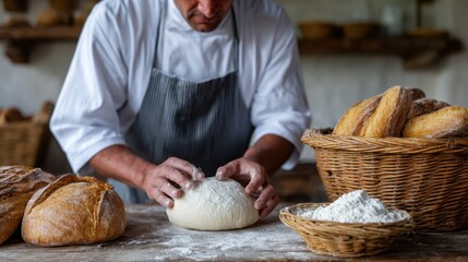 A chef baking fresh artisan bread in a rustic kitchen with wooden counters and baskets of flour