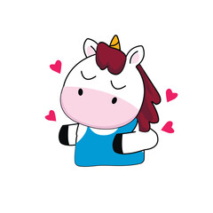 cute cartoon unicorn in blue shirt and hearts in background