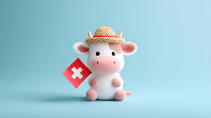 Cute pink cow figurine with Swiss flag, isolated on blue, playful decorative object for souvenirs and children’s designs.