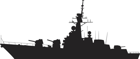 Military Warship Silhouette Vector Side View with Cannons, Radar Antennas, and Naval Equipment on White Background for Design