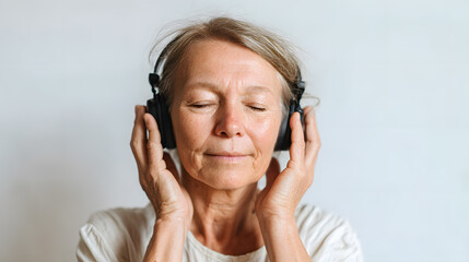 Elderly woman listening to music with black headphones, eyes closed, enjoying relaxation and peace.