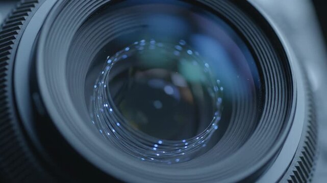 Glowing Fiber Optics Inside Camera Lens - Extreme close-up of a camera lens with glowing fiber optic strands arranged in a spiral pattern within the lens.