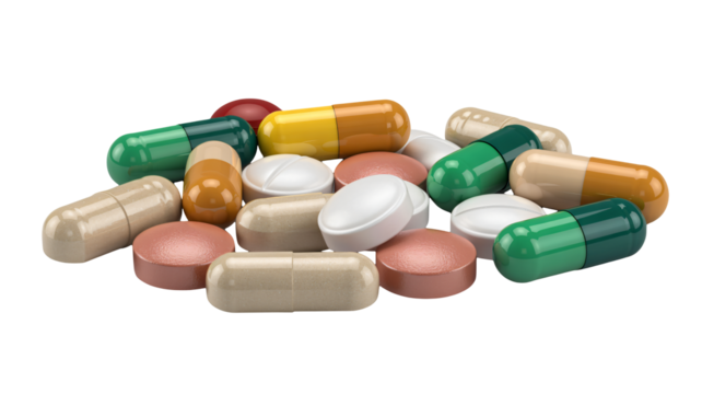 Assorted pills and capsules for pharmaceutical or medical concept