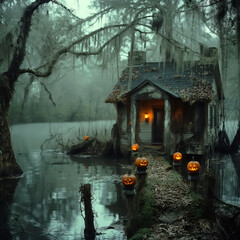 Obraz premium Halloween Witch’s Cottage with Jack-o'-Lantern Path