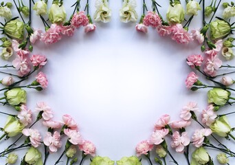 Frame made of pink and white eustoma flowers on white background