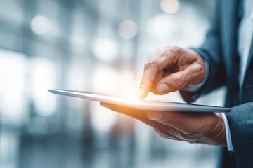 Close-up: Professional hand interacting with a glowing digital tablet screen.