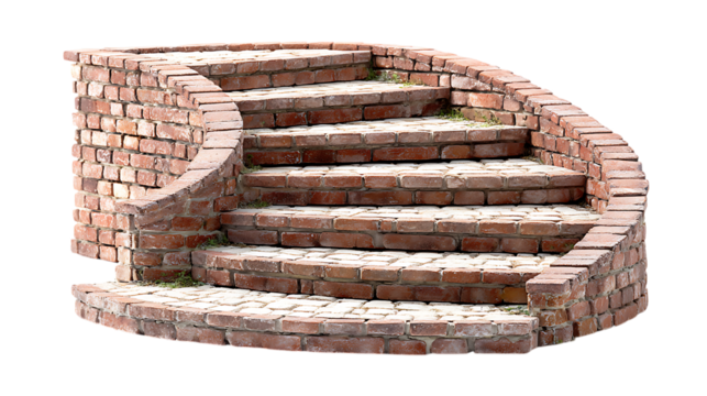 Curved brick stairs with three steps isolated on white background.  