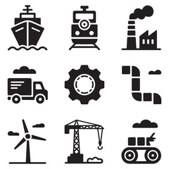 Set of Icon of industrial services and transportation means. Vector black silhouette. with white background