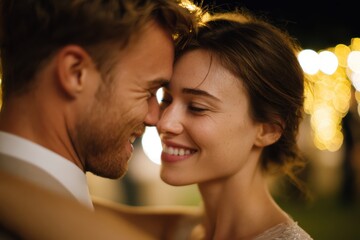 A couple dancing romantically under twinkling fairy lights at an outdoor wedding celebration