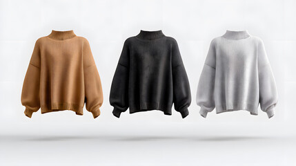Knit turtleneck sweaters in beige, light grey, and mustard yellow, isolated on white.