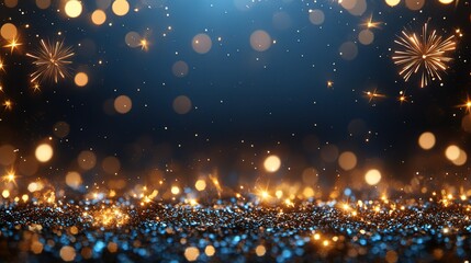 Blue - toned Background with Golden Fireworks and Sparkling Bokeh Effects 