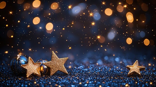 Sparkling Gold Star Ornaments and Blue Baubles on Glittery Blue Background with Bokeh Lights