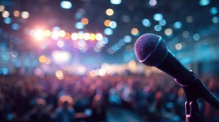 Microphone at a concert or large event. Bokeh lights and blurred audience