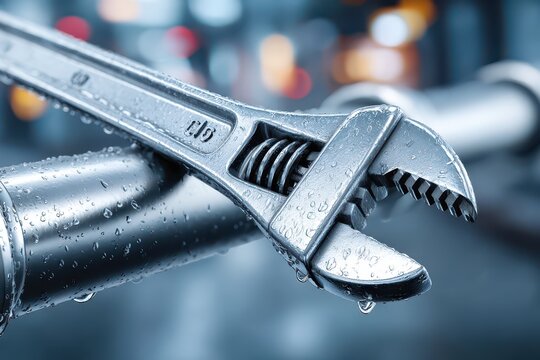 Wet adjustable wrench, pipe, glistening water drops, plumbing service.