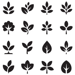 Collection of diverse black leaf and plant icons representing nature and organic growth on a clean white background