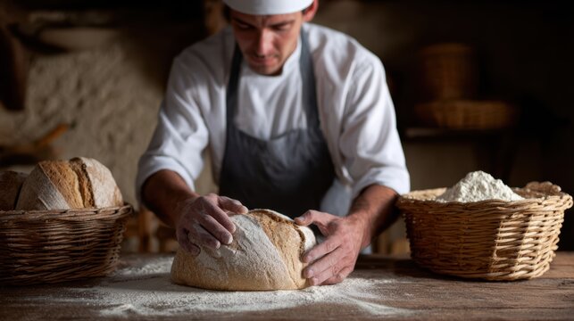 A chef baking fresh artisan bread in a rustic kitchen with wooden counters and baskets of flour