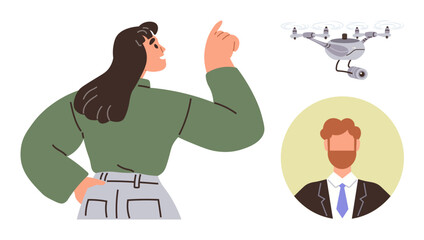 Woman pointing upward toward hovering Quadcopter with a camera and featured profile of a red-haired businessman in a suit. Ideal for technology, teamwork, innovation, communication, remote work