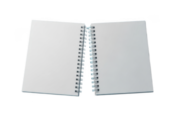 Two blank white spiral bound notebooks opened to facing pages isolated on transparent background