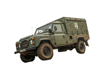 Green military truck with a muddy exterior OM AI generated by PNG military, transportation, car, day, truck, automobile, automotive, vehicle, dirty, equipment, green, outdoors, road, exterior, army, a
