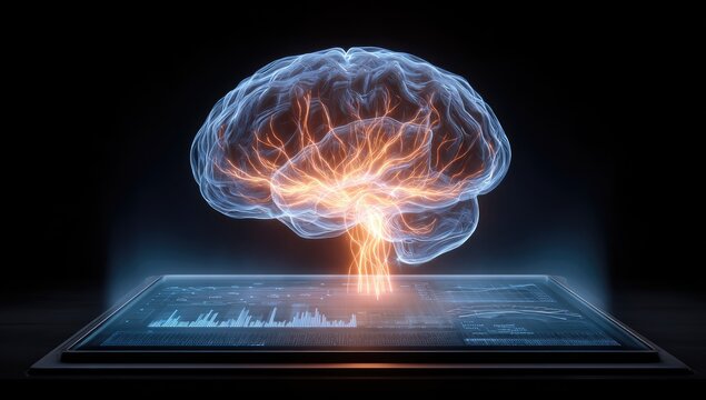 Holographic brain over a digital tablet - Powered by Adobe