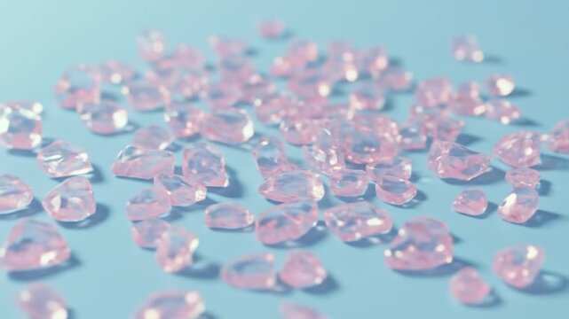 Falling rose quartz crystals scattering light on a blue surface creating a tranquil serene modern ambiance