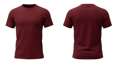 Blank Maroon T-Shirt Mockup, Front and Back View, Short Sleeve, Transparent Background