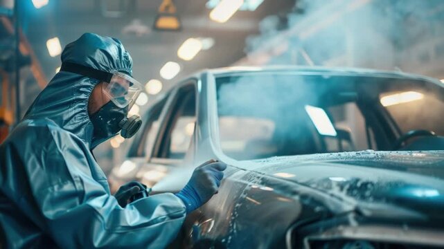A person wearing a protective suit paints a car, with details of the process visible