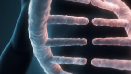 Video of a human body silhouette merging with a glowing DNA double helix, futuristic style, medical and scientific atmosphere, with large empty background for marketing or educational text. - Powered by Adobe